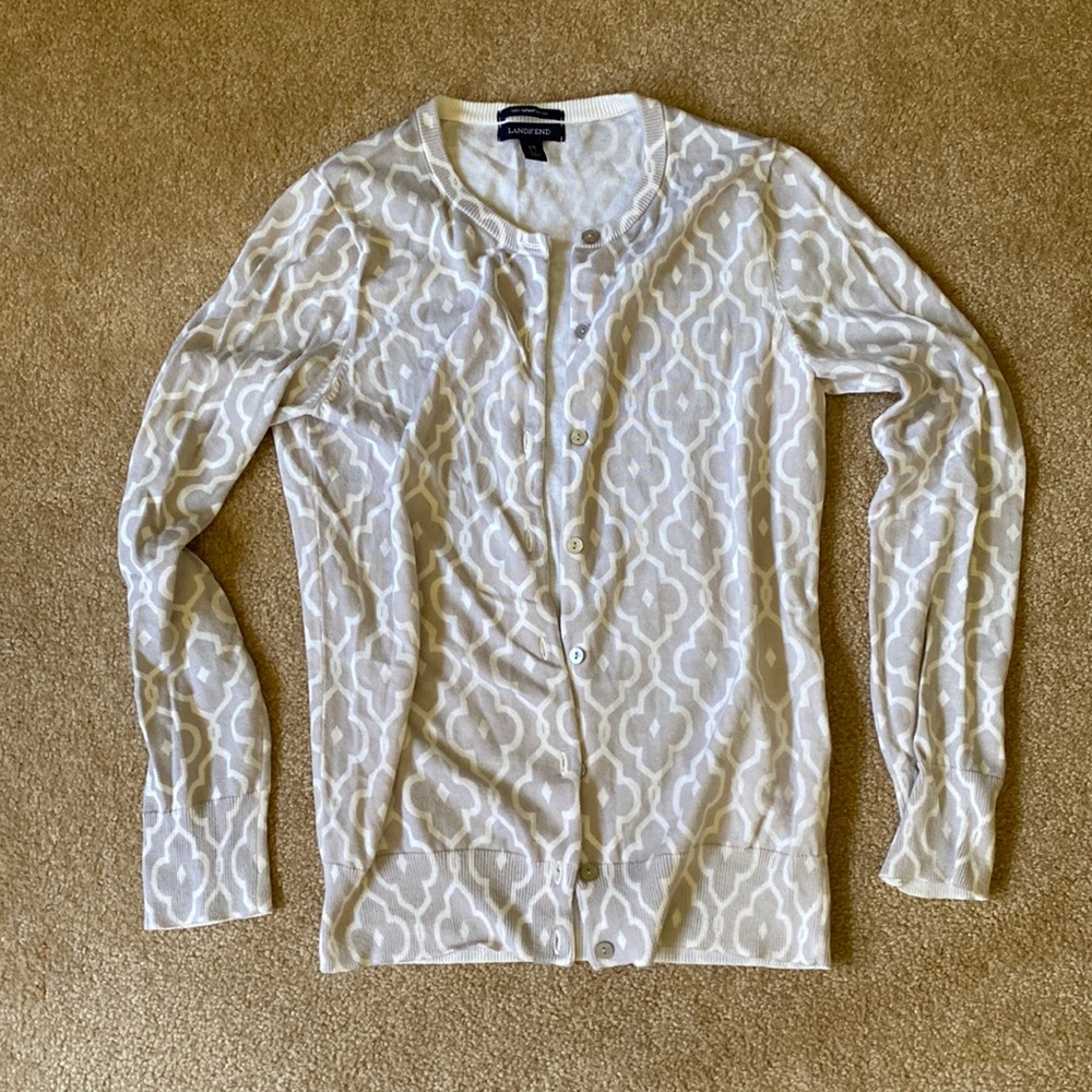 Lands End XS 2-4 cardigan supine cotton button front white gray